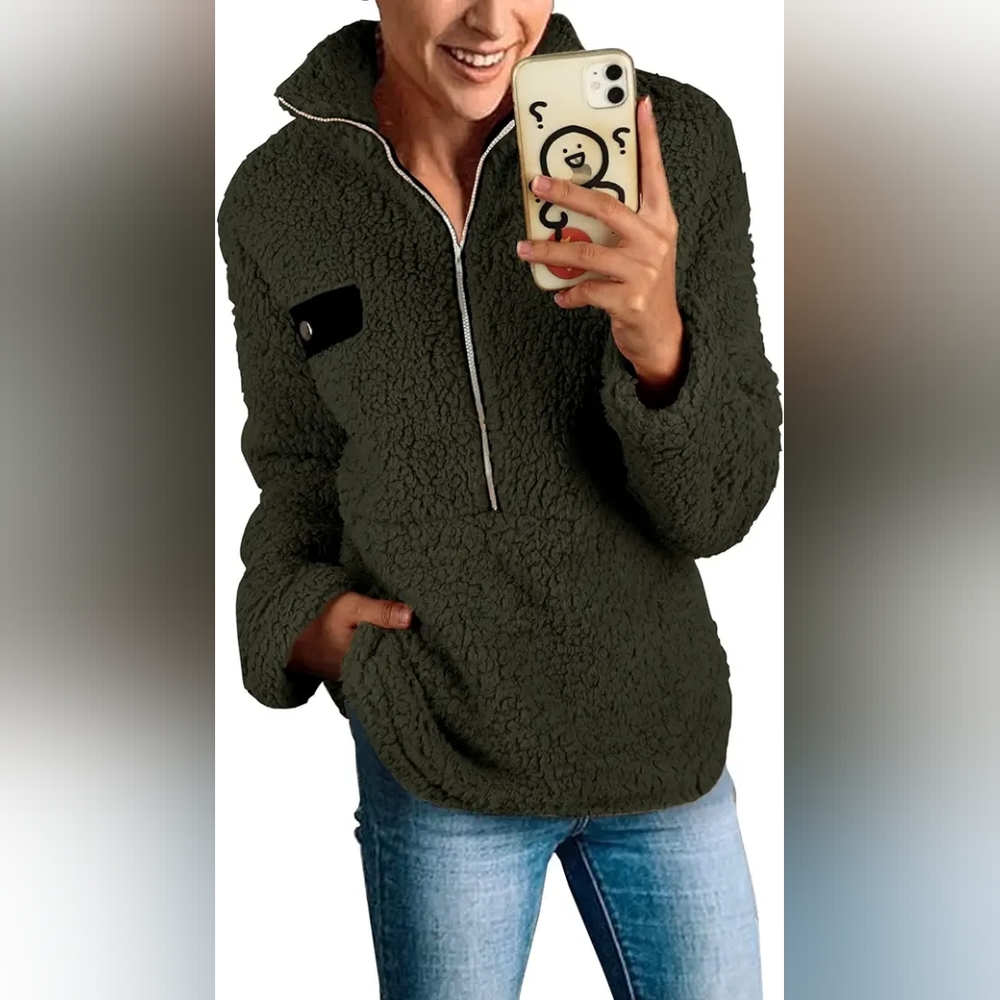 Women Long Sleeve Fuzzy Fleece Zipper Sweatshirt XL